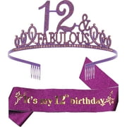 12th Birthday Sash and Tiara for Girls - Fabulous Glitter Sash + Fabulous Rhinestone Purple Premium Metal Tiara for Girls, 12th Birthday Gifts for Princess Party